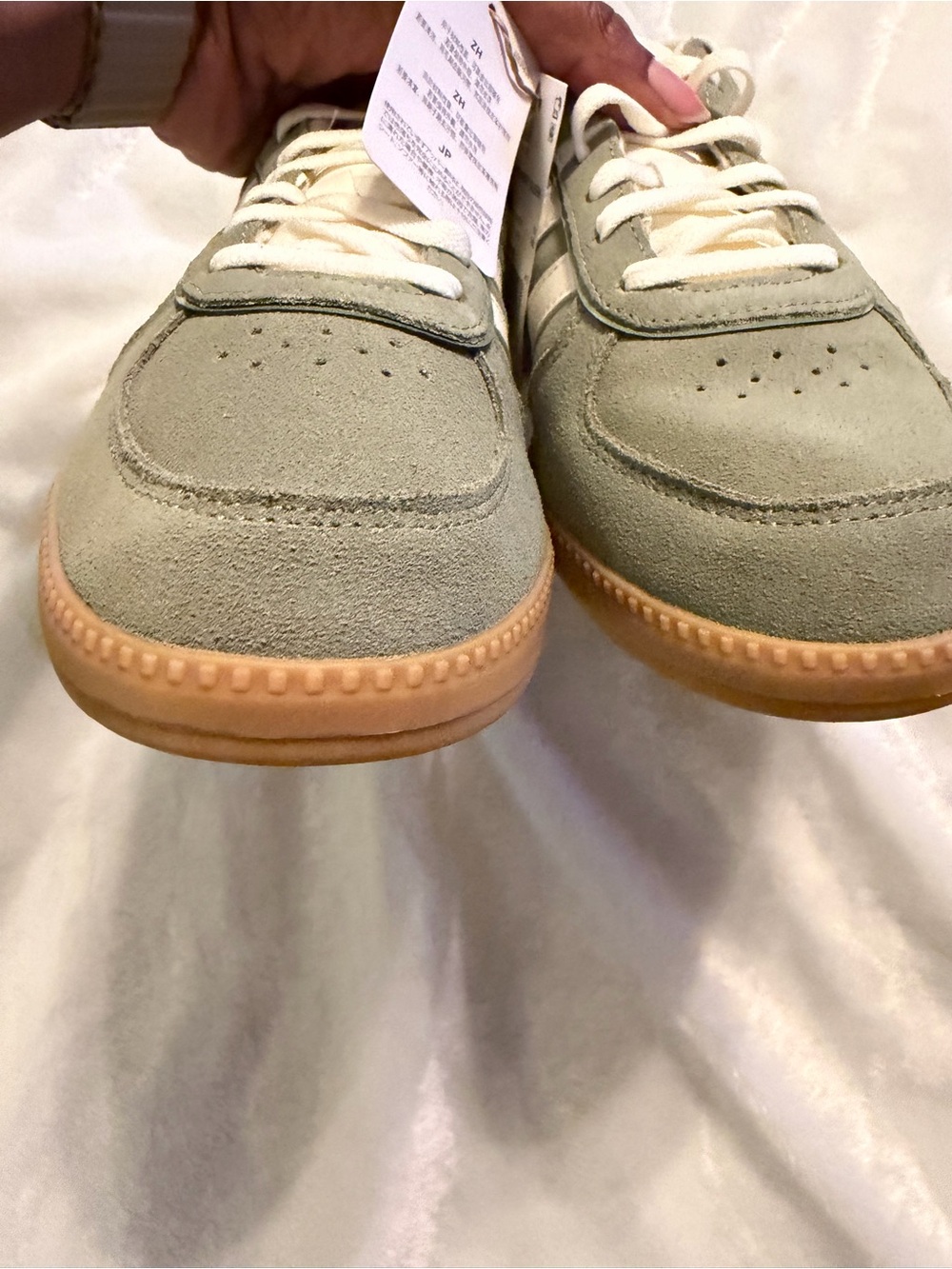 adidas Olive Green Suede Sneakers with White Stripes and Gum Sole - Picture 9 of 11